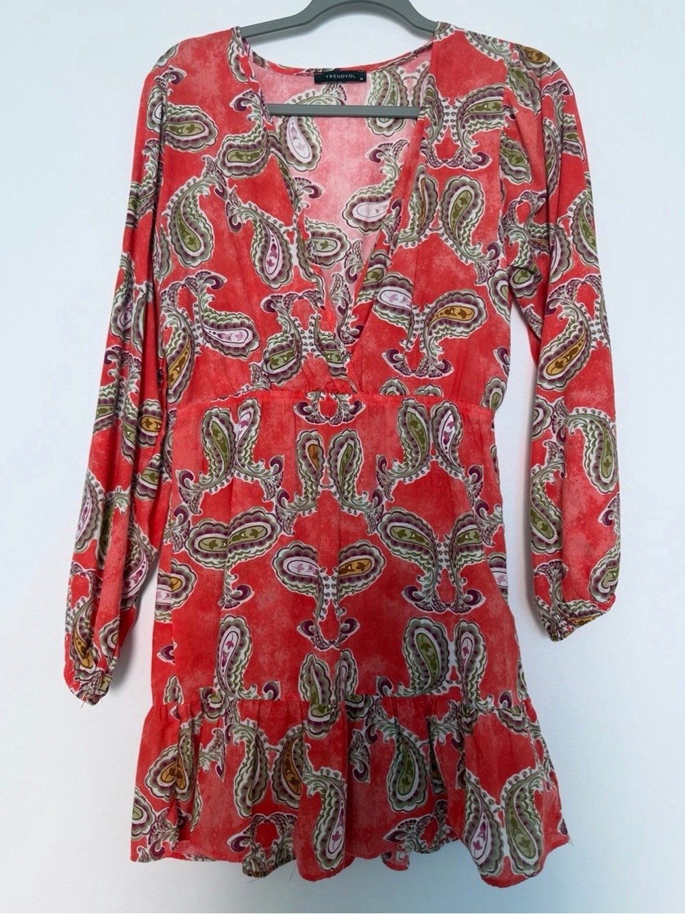 Trendyol Coral Paisley Print Dress with Olive Accents